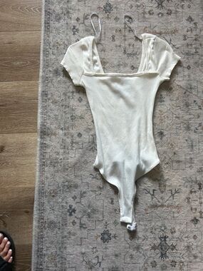 Lulu's Cream Ribbed Square-Neck Bodysuit with Cap Sleeves